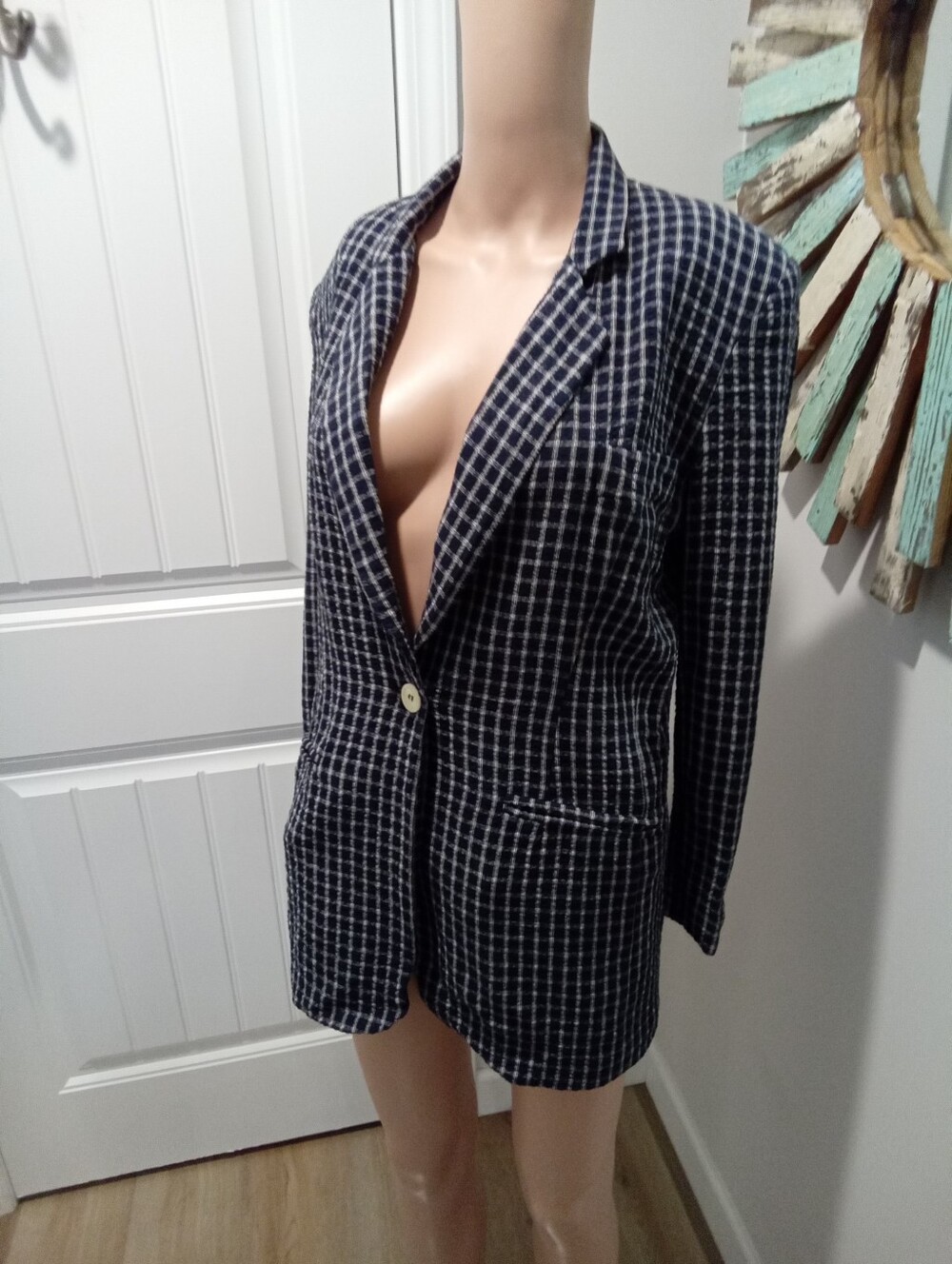 Vintage 90's Karen Kane Blazer Sz 4 Navy Blue & White Grid Plaid Waffle Texture